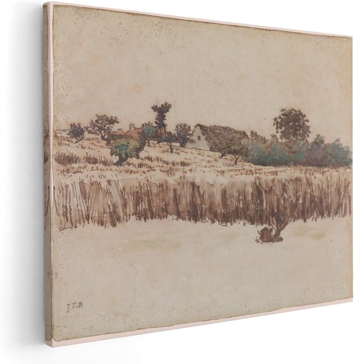 Canvas Schilderij Boerderij - 50x40 cm - Wanddecoratie Natuur - Muurdecoratie Landelijk - Decoratie Rietkraag - Kamer Accessoires