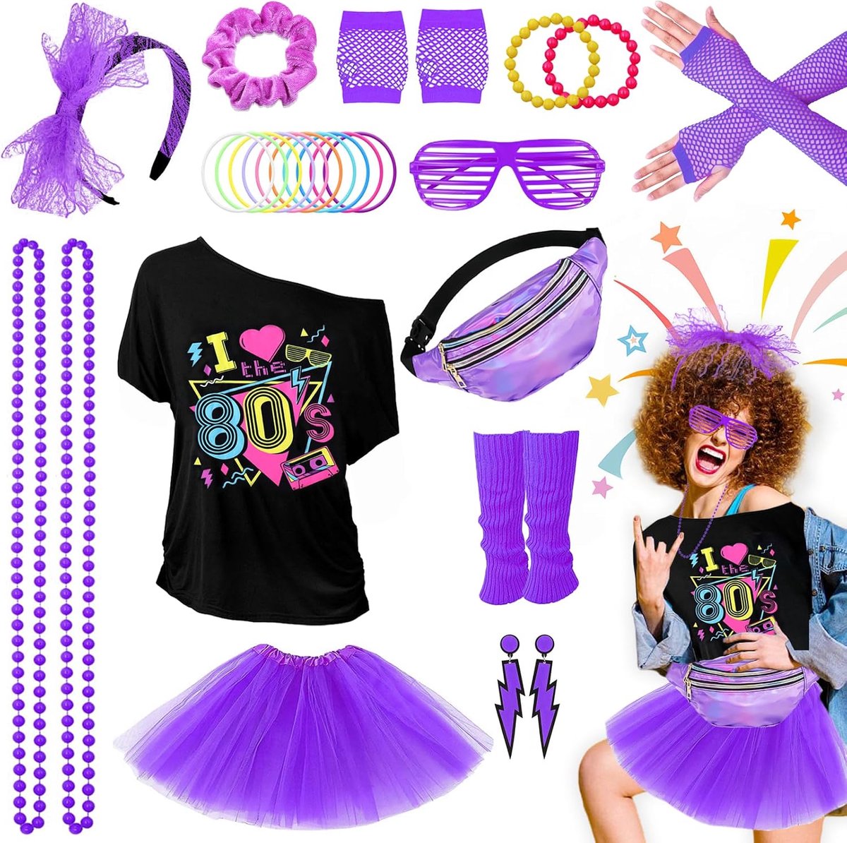 28-delige outfit, jaren 80-90, voor dames, kleding, kostuum, T-shirt, tutu, buiktas, oorbel, nethandschoenen, retro feestaccessoires, carnaval