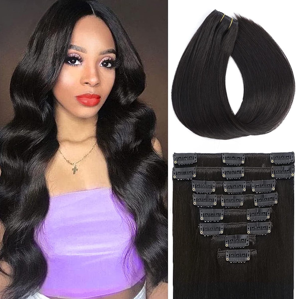 extensies, echt haar, zwart, haarverlenging, echt haar, clip, natuurlijk echt haar, clip-in extensies, 50 cm, 8 stuks, zwart, naturel, 1B