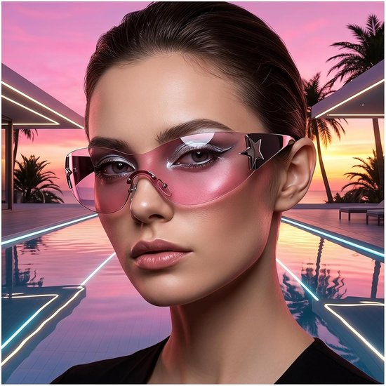 Zonnebrillen Y2K Wrap Around voor dames en heren, frameloze, mode met ster, oversized glazen, voor buiten — afbeelding 2