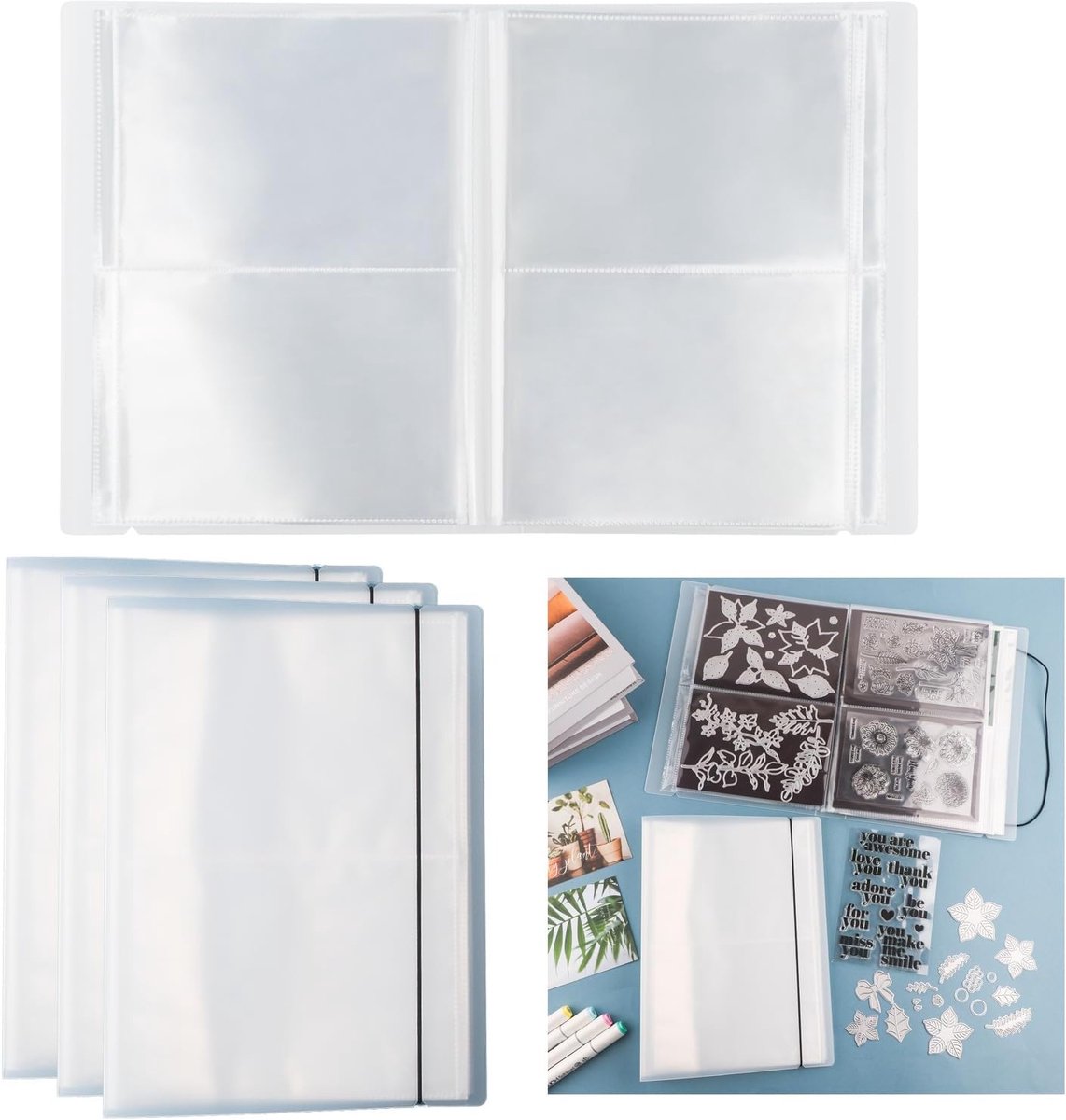 20 Pages80 zakken/3Set Grote Clear Sticker Foto Opslag Album; Stempel & Snijmallen Opslag Boek Organizer Map voor Ansichtkaarten Stickers, Foto, Clear Postzegels en Snijmallen