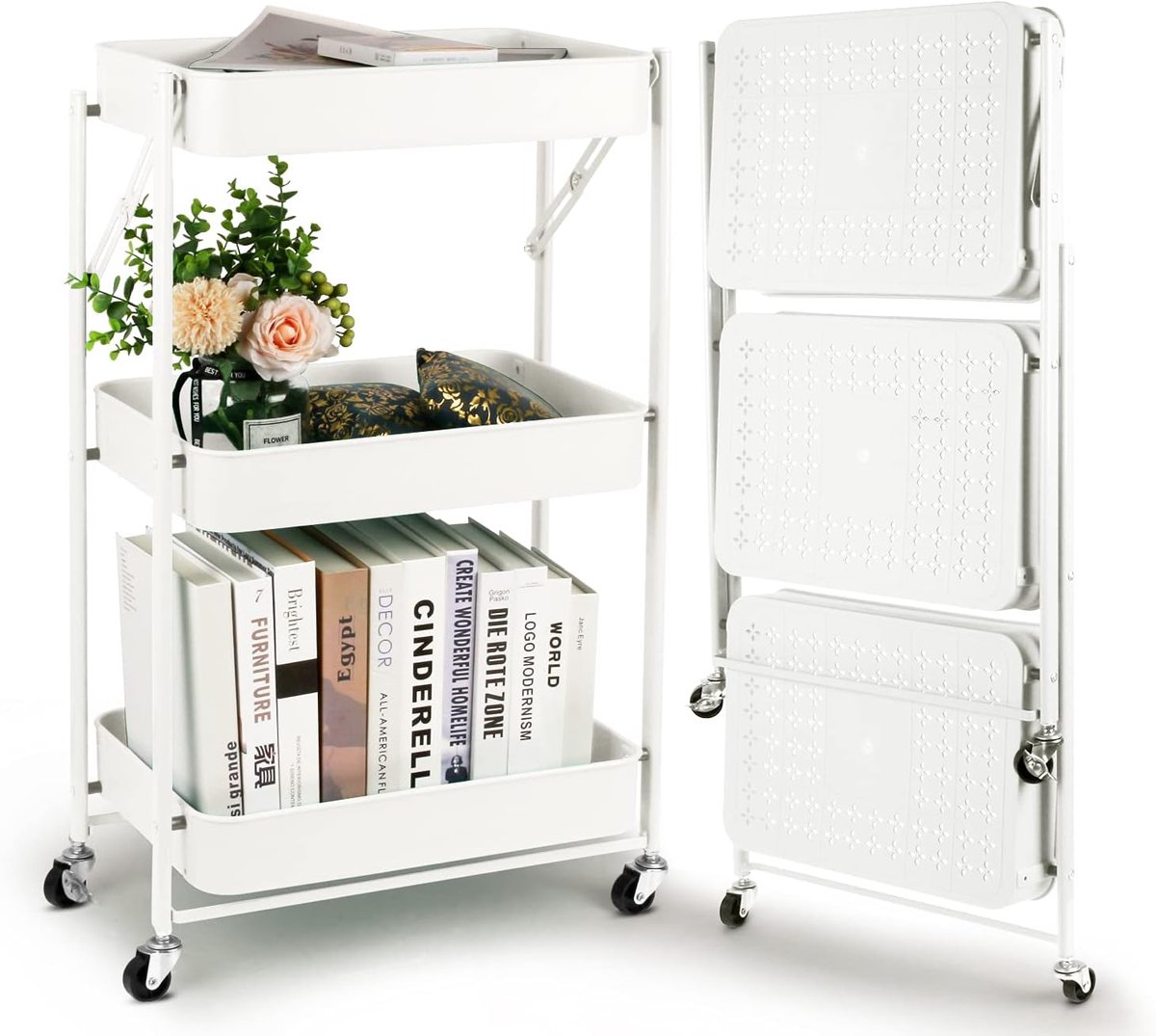 Opvouwbare rolwagen, mobiele trolley met 3 niveaus, keukenwagen, geen montage, 46 x 29 x 78 cm, voor keuken, kantoor, badkamer, garderobe (wit)