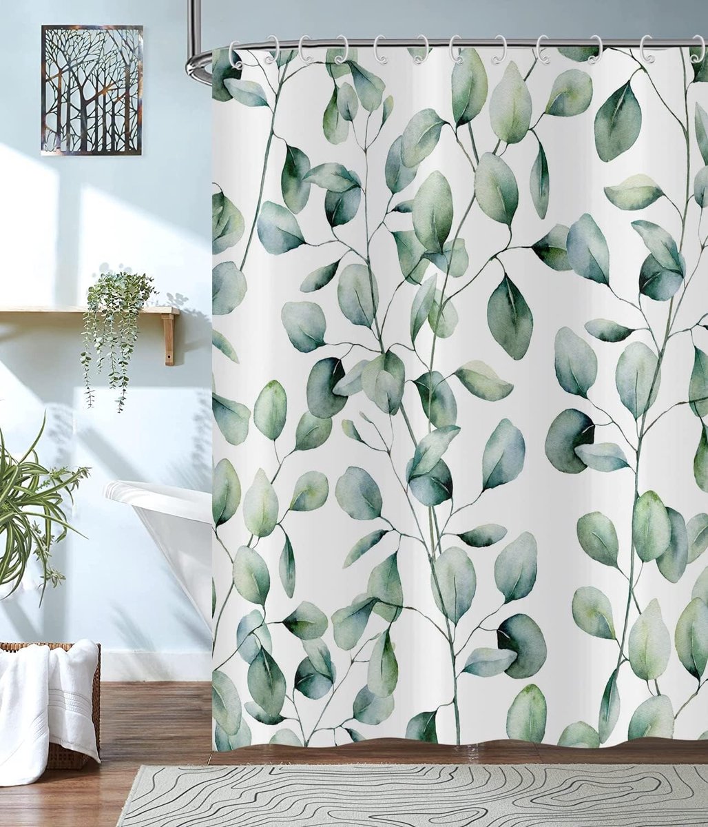 Blad Douchegordijn 180x180, Salie Groene Eucalyptus Bladeren Douchegordijnen Aquarel Plant Botanische Badkamer Gordijnen Waterdicht Polyester Stof Wasbare Badgordijnen met haken