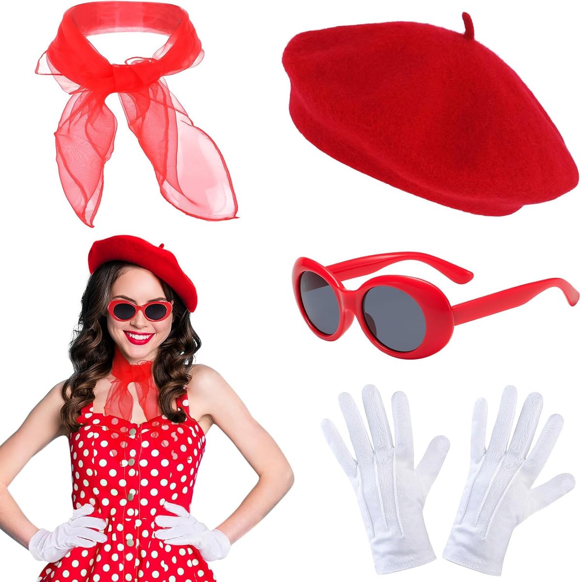Fancy Dress Accessoires Voor Vrouwen Rode Baret Sjaal Zonnebril Handschoenen Vintage Set Voor Franse Thema Party Kostuum Cosplay Parijse Stijl Dress Up Outfits