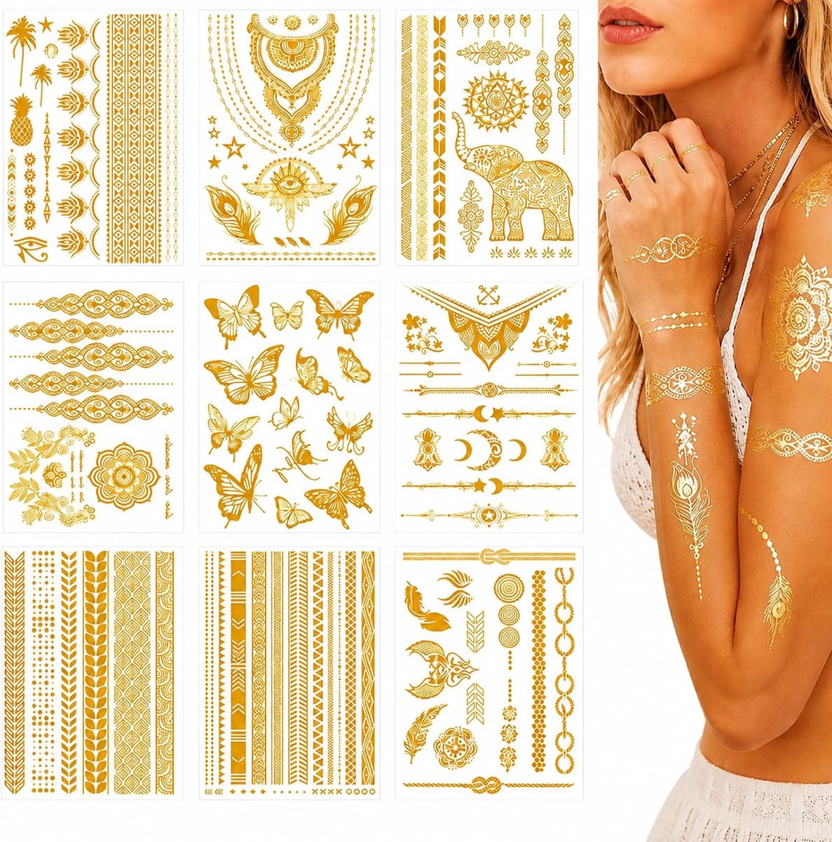 9 vellen gouden flash-tatoeages voor volwassenen, gouden tijdelijke tatoeages metallic, festivaltatoeages om op te plakken, gezichtstatoeage, lichaamstatoeage voor vrouwen, gouden tattoo-stickers voor