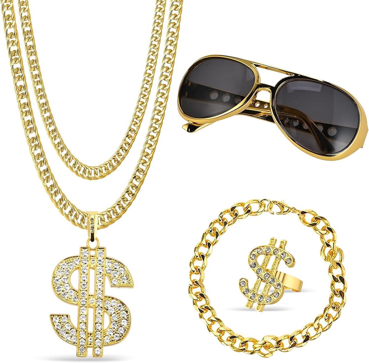 4-delige hiphop-kostuumset, hiphop-rapperkostuum, jaren 80 en 90 accessoires voor heren, met gouden ketting, dollar, halsketting, ring, armband, voor carnaval, themafeesten