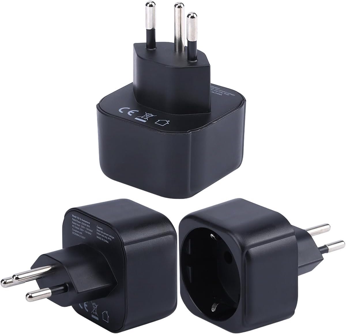Naar Zwitserland/Liechtenstein Stekkeradapter, EU Schuko-Stekker Geschikt voor Zwitserse/Liechtenstein Stopcontact, EU/Nederland Type C/E/F Stekker naar Type J Reisstekkerconverter (3 stuks)