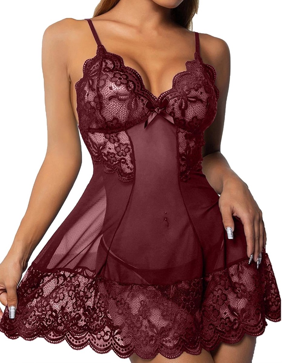 Babydoll lingerie voor dames, sexy, kant, bedrukt, V-hals, nachtkleding, G-string, kant, transparant, ondergoed met tanga, nachtjapon