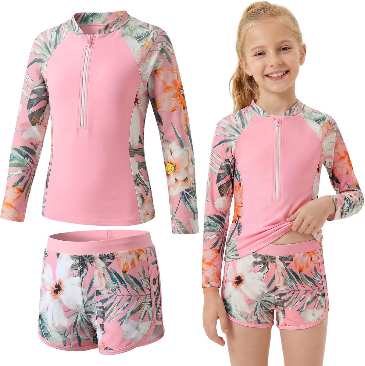 meisjes rashguard-set: tweedelige zwemkleding met lange mouwen en zonbescherming, met uitneembare vullingen, zwemtop met bloemenpatroon en halve rits & zwemshort, zwempak voor 5-12 jaar