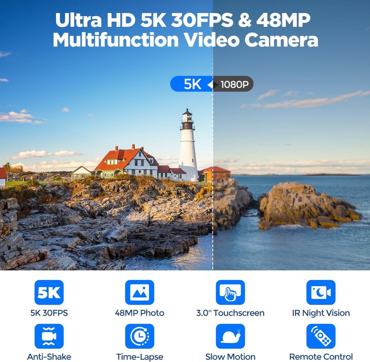 Camcorder 5K vlog camera met 16x digitale zoom nachtzicht, 48MP 3" 270° draaibaar touchscreen webcam YouTube vlogging camera, video camera met vullicht, Afstandsbediening