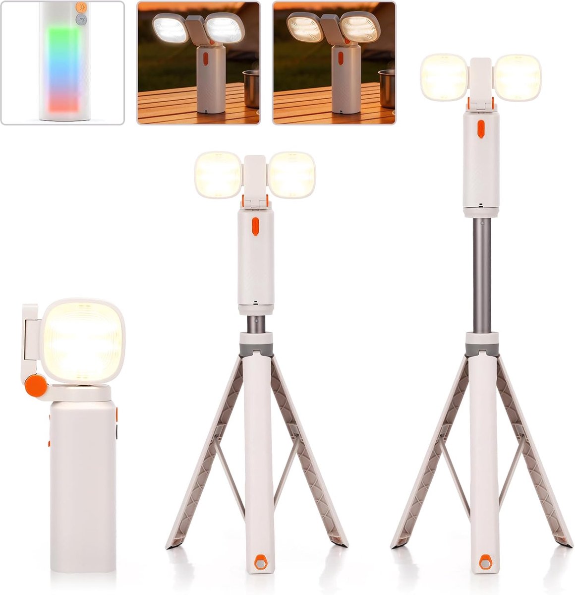 Led-campinglamp met statief, 2000 lumen, dimbare batterijlantaarn, 360° draaibare schijnwerper, werklamp, RGB-sfeerverlichting, videolicht met telefoonhouder, schroefdraad, 10.000 mAh