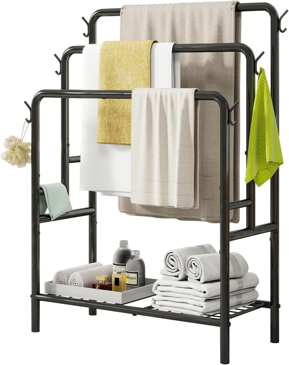 handdoekhouder, metalen handdoekenrek met 3 stangen, badhanddoekhouder met 1 plank, 6 haken, voor handdoeken, badhanddoeken, kleding, van metaal, stabiel en ruimtebesparend, zwart