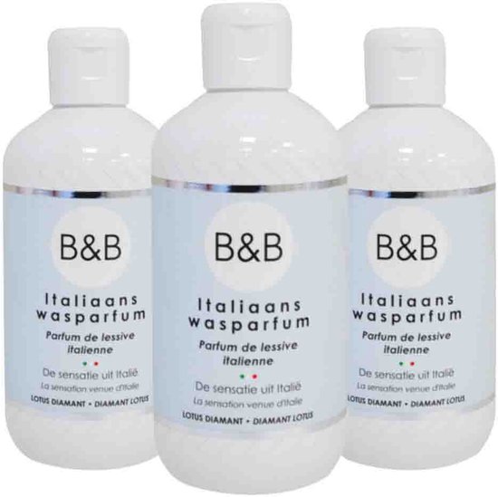 Drie flessen B&B Italiaans wasparfum Lotus Diamant in witte flessen met lichtblauwe etiketten.