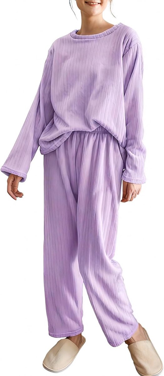Pyjamaset voor dames, corduroy, top met lange mouwen, ronde hals en broek van koraalfleece, comfortabele pasvorm, corduroy, één maat.