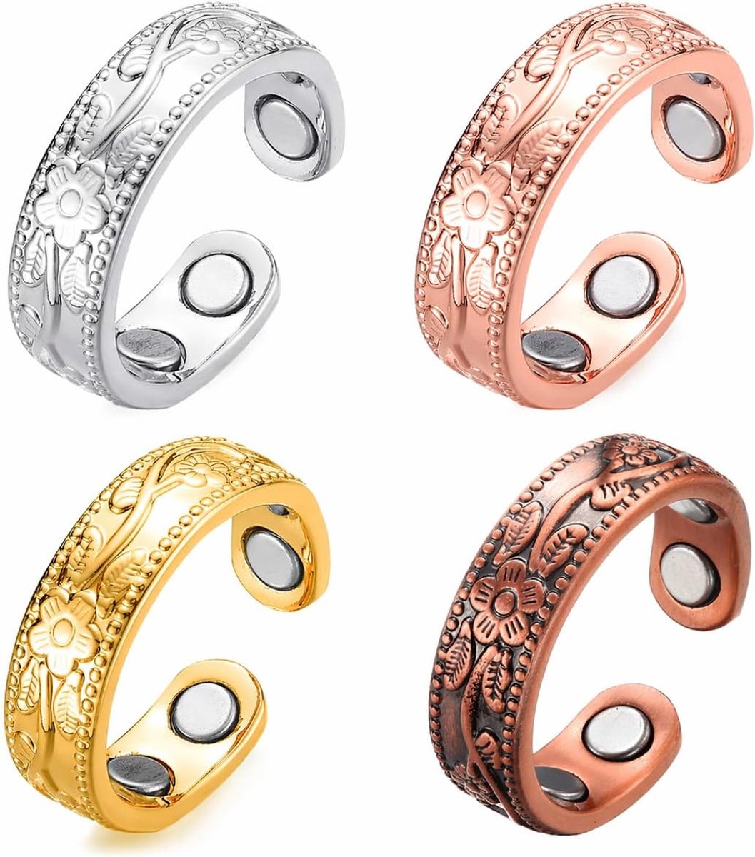 Ringen, set van 4 stuks, verstelbaar, verschillende bloemenpatronen (zilver, roségoud, goud, koper) voor natuurlijke ontlasting en welzijn voor dames en heren.