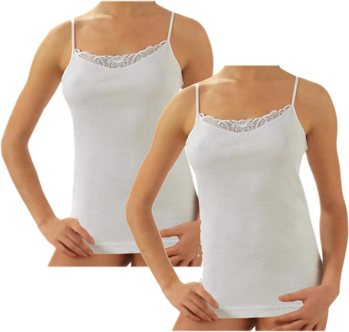 tanktop met ronde hals van kant en smalle schouder, mouwloze top in twee kleuren, wit en zwart, verpakking van 2, maten S tot XXL