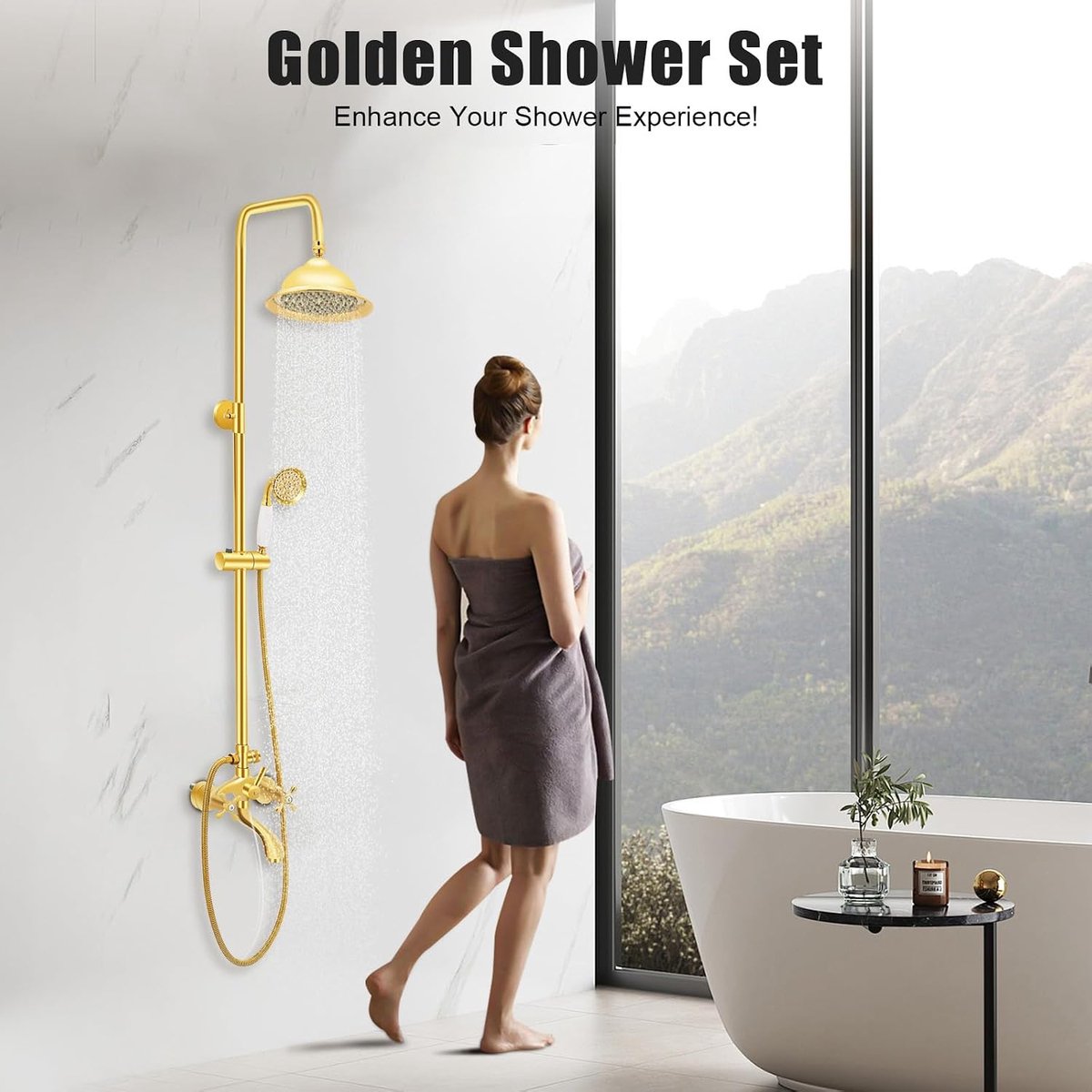 Gouden doucheset, douchearmatuur met handdouche, douchesysteem, regendouche, antiek messing, set retro gouden douche met retro doucheset, douchesysteem met handdouchekop, in hoogte verstelbaar