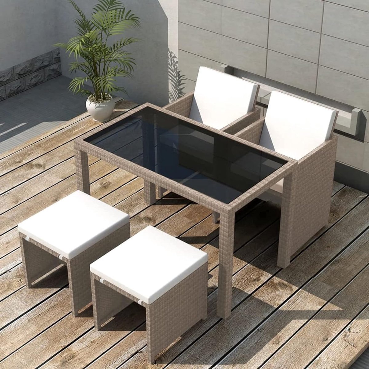 Eetkamerset, 5 stuks, tuin, polyrotan, beige en glas, tafel en tuinstoelen van rotan, set tafel en stoelen voor buiten, rechthoekig, hout en 2 stoelen, 2 tuinkrukken