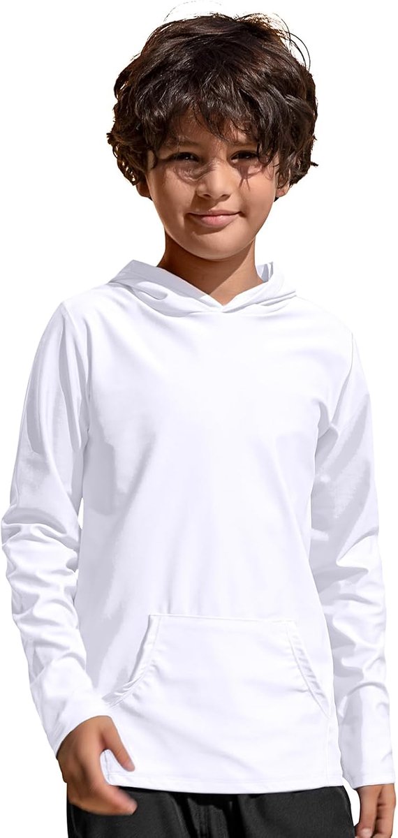 UV-shirt voor kinderen, lange mouwen, jongens, zwemshirt met capuchon, sneldrogend, UPF 50+ zonwering, rash guard, T-shirt met zak, leeftijd 4-14
