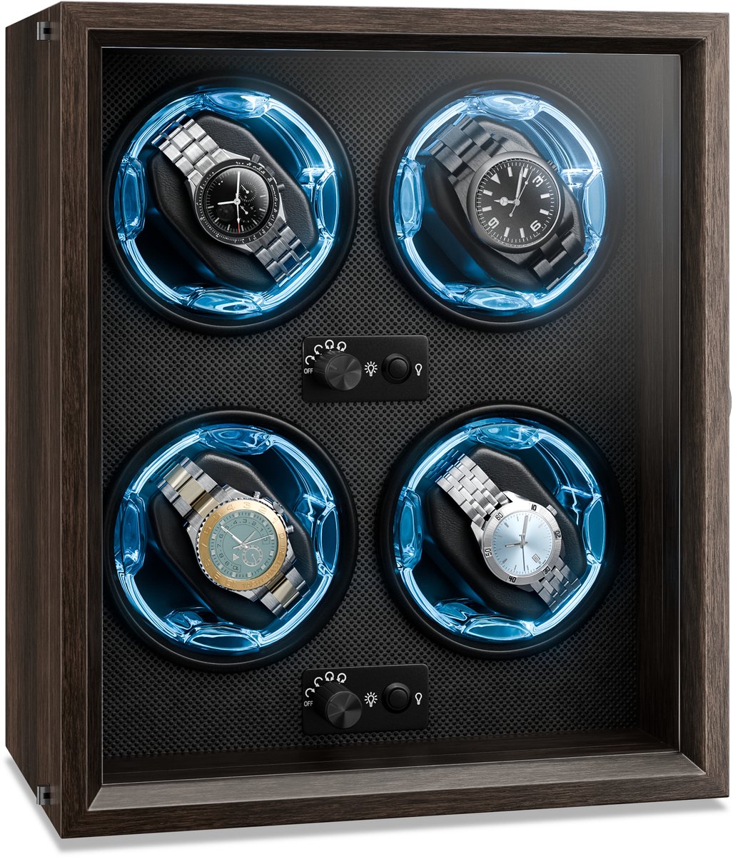 Klarstein Kabel watchwinder voor automatische horloges, automatische watchwinder voor 4 horloges, automatische watchwinder met acryl kijkvenster, automatische watchwinder, blauwe leds, watchwinder met 4 TPD instellingen