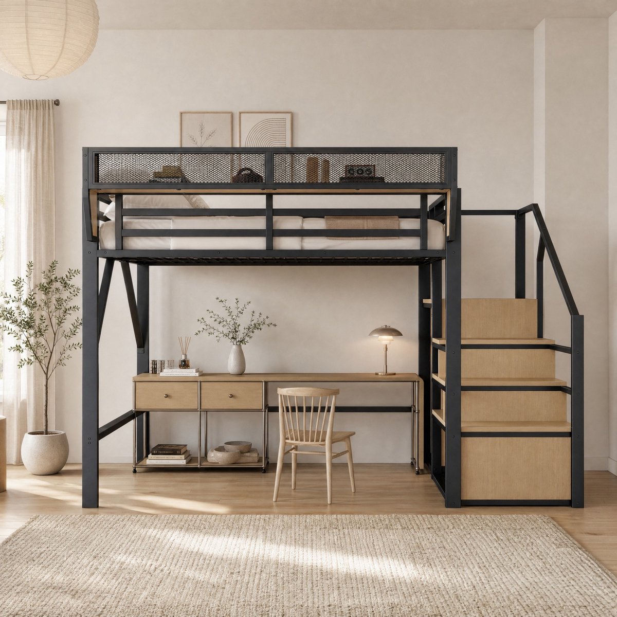 WUVRIE Hoogslaper 140x200 cm met veiligheidsladder, flexibel opbergrek en 140 cm vrije ruimte, zwart