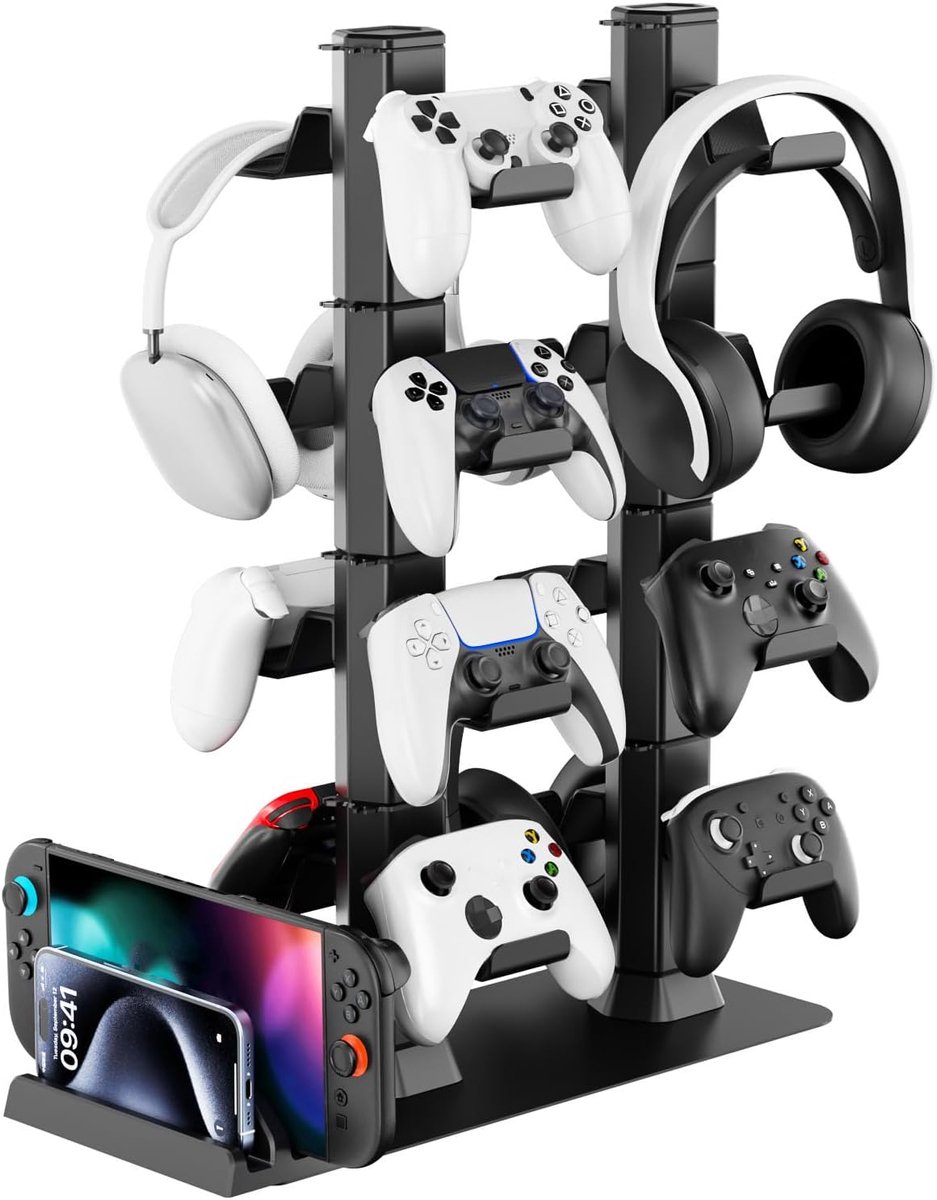 houder & controller, standaard voor de tafel, 4-traps hoofdtelefoonhouder met organizer voor Xbox/Switch/PS4/PS5/PS portal, spelopslag voor 16 controllers en hoofdtelefoon, gaming-accessoires
