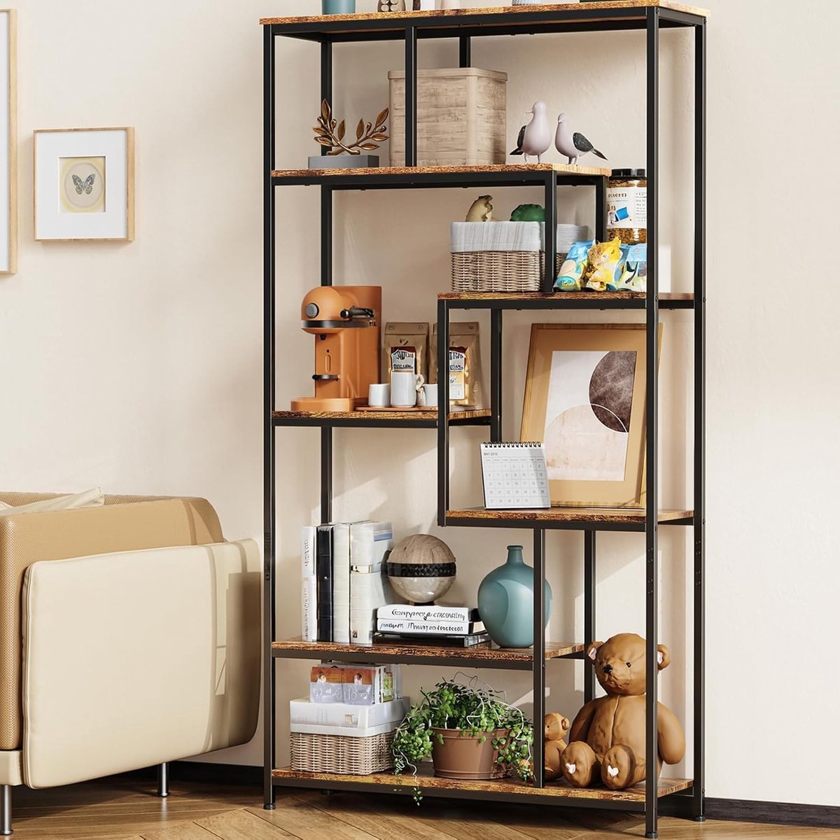 Boekenkast, 5 Tiers Staande Opbergstandaard，Open Boekenkast voor Woonkamer, Kantoor en Werkkamer (Retro)