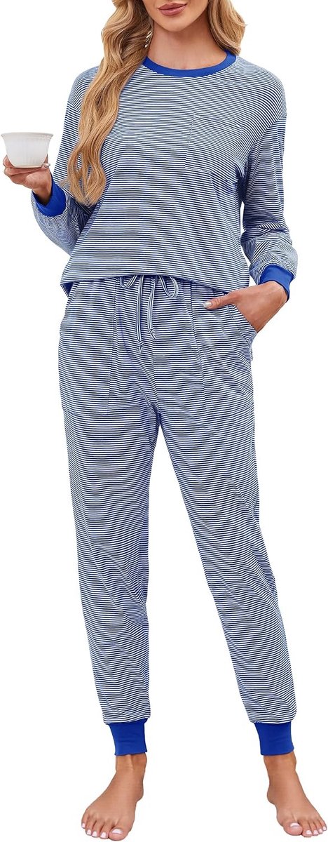 Pyjama dames lange katoenen tweedelige pyjama strepen nachtkleding met zakken