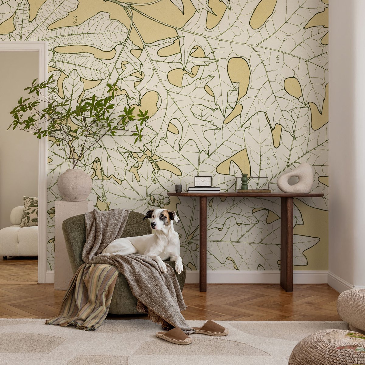 Coloray Vliesbehang - Geel Snellijm Behang - 104x70 cm - Boombladeren Fotobehang Vlies - Hal behang Bloemen En Planten - Muurschildering - Woonkamer behang