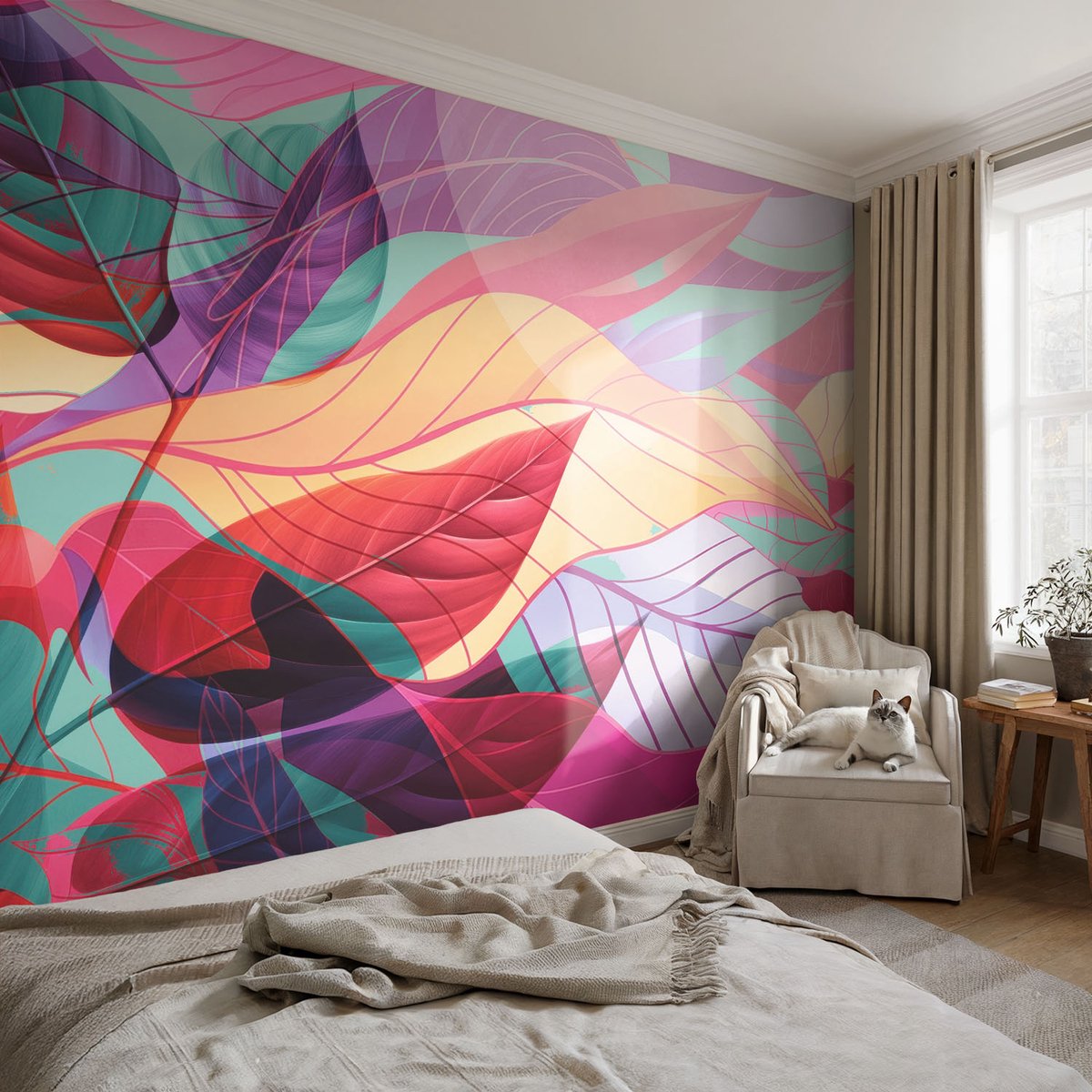 Coloray Vliesbehang - Zwart Snellijm Behang - 104x70 cm - Abstracte Bladeren Fotobehang Vlies - Hal behang Bloemversiering - Muurschildering - Hal behang
