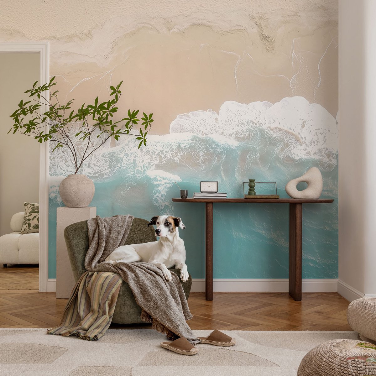 Coloray Vliesbehang - Beige Snellijm Behang - 104x70 cm - Brullende Golven Fotobehang Vlies - Woonkamer behang Landschappen - Muurschildering - Woonkamer behang