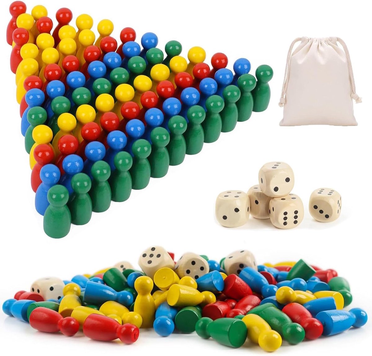 4 kleuren, 80 stuks houten speelfiguren voor bordspellen, kleurrijke schaakfiguren, halma spel met 5 dobbelstenen, inclusief opbergtas, klassiek design, geschikt voor bordspellen met meerdere spelers
