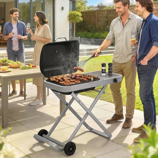 Draagbare gasbarbecue-1 brander-2,5 kW-barbecuewagen met inklapbaar onderstel-grillrooster-bijzettafel-deksel-thermometer — afbeelding 4