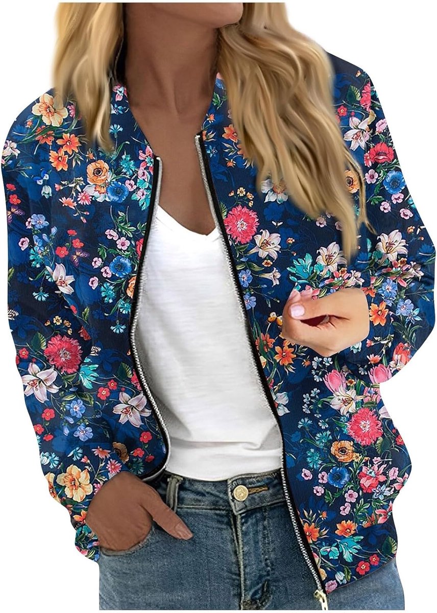 Bomberjacke Damen Blumenmuster Leichte Sommerjacke Sommer Reißverschluss Kurz Pilotenjacke Dünne Langarm Übergangsjacke