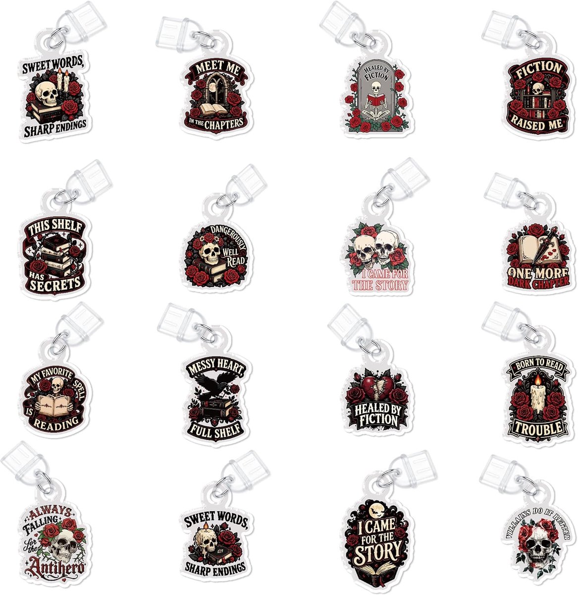 16 stuks 16 stijlen donkere gotische stof plug bedels, schedel & roos acryl type C stofpluggen 3,5 cm lange e-reader charme accessoires cadeau voor boek liefhebbers leraren vrienden
