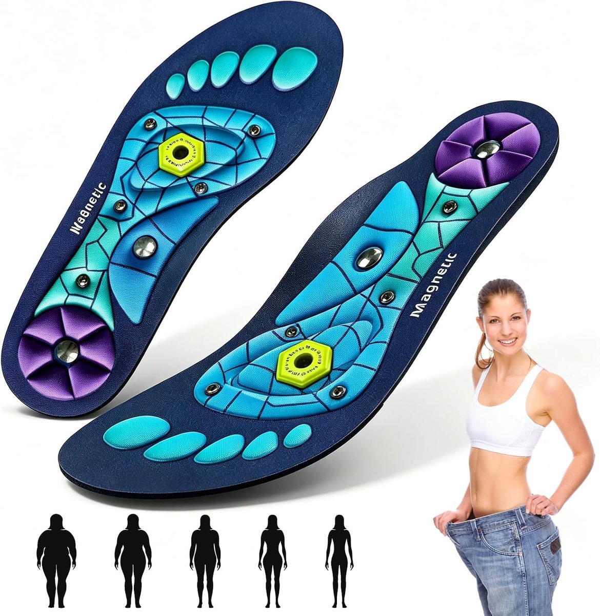 Inlegzolen, origineel, magnetische schoeninlegzolen, acupunctuur, acupressuur, inlegzolen, orthopedische inlegzolen voor dames en heren, blauw, M (41-43))