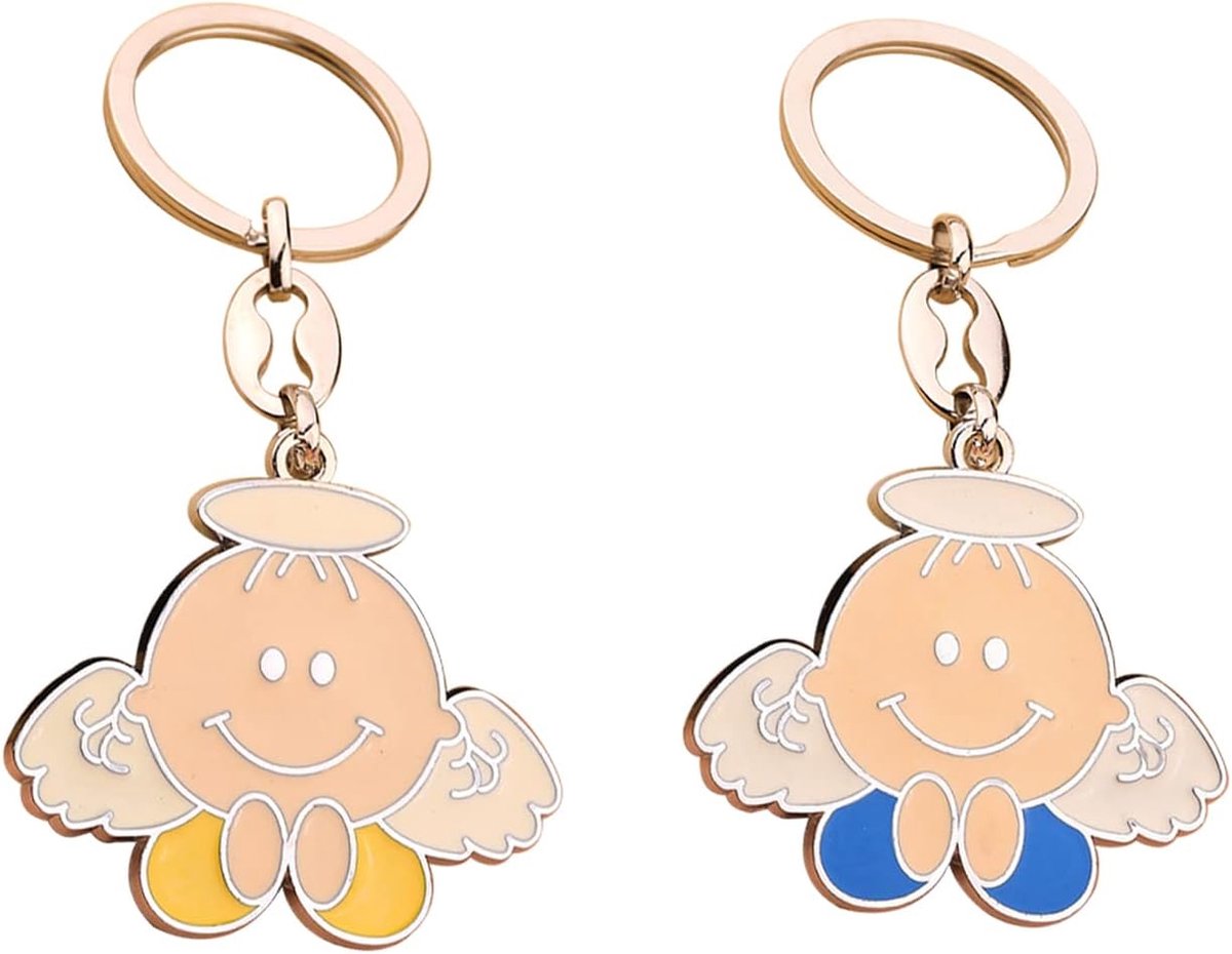 2 stuks Metalen sleutelhanger engel, Lachende engel sleutelhanger, Schattige engelhanger cadeau, Voor tassen, autoversiering en cadeaus. (Geel en blauw)