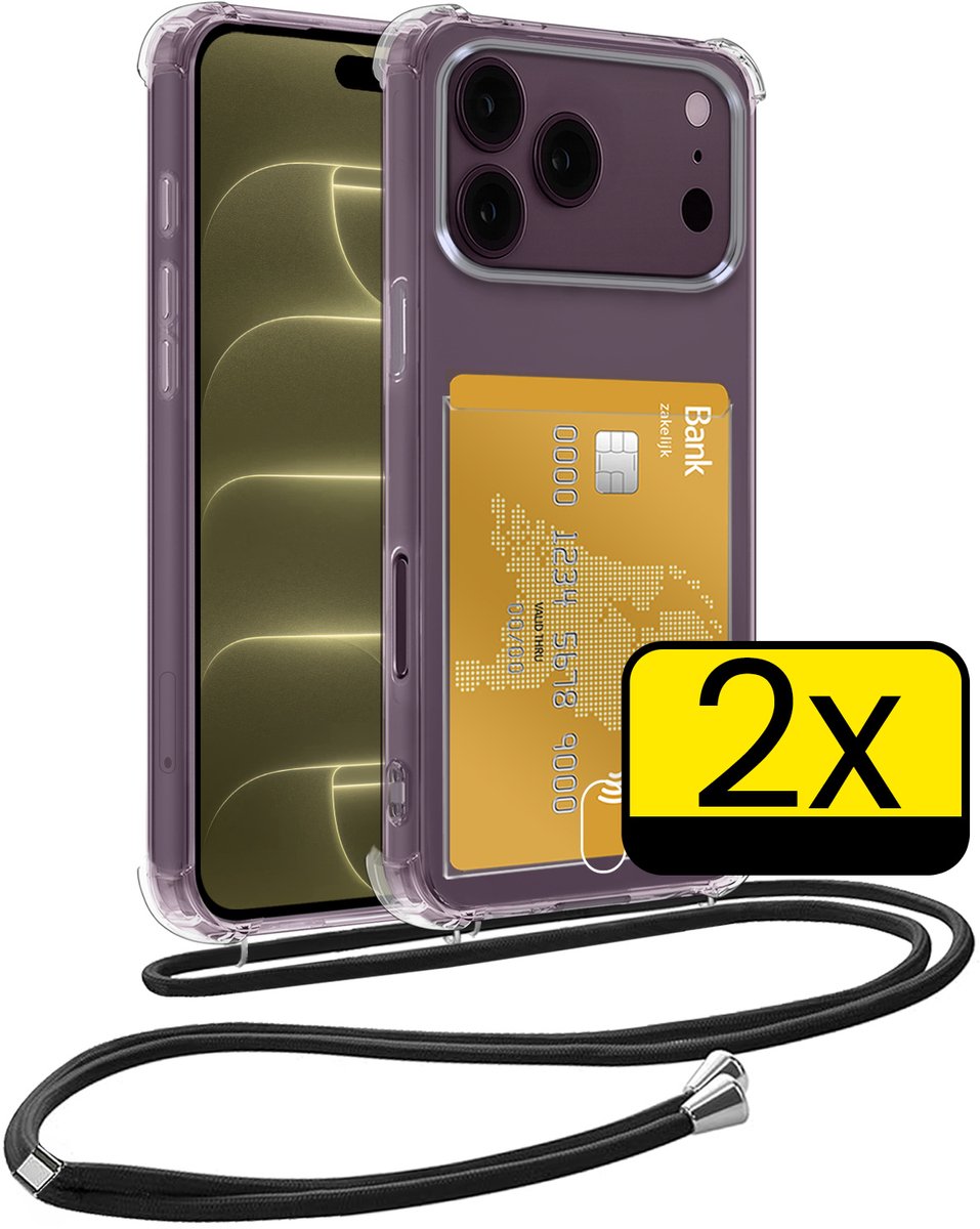 Hoesje Geschikt voor iPhone 18 Pro Max Telefoonhoesje Met Koord Case Pashouder Siliconen - Hoes Geschikt voor iPhone 18 Pro Max Hoesje Met Kaarthouder - Transparant - 2 Stuks