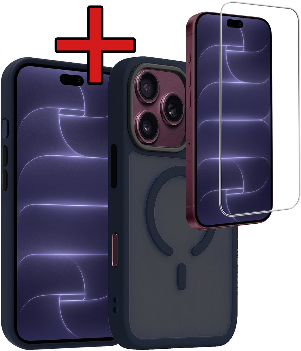 Hoesje - Met Screenprotector - Geschikt voor Apple iPhone 18 Pro - Magsafe Compatible - Sterk & Shockproof - Shock Proof Case - Back Cover - Telefoon Hoes - Telefoonhoes - Donkerblauw