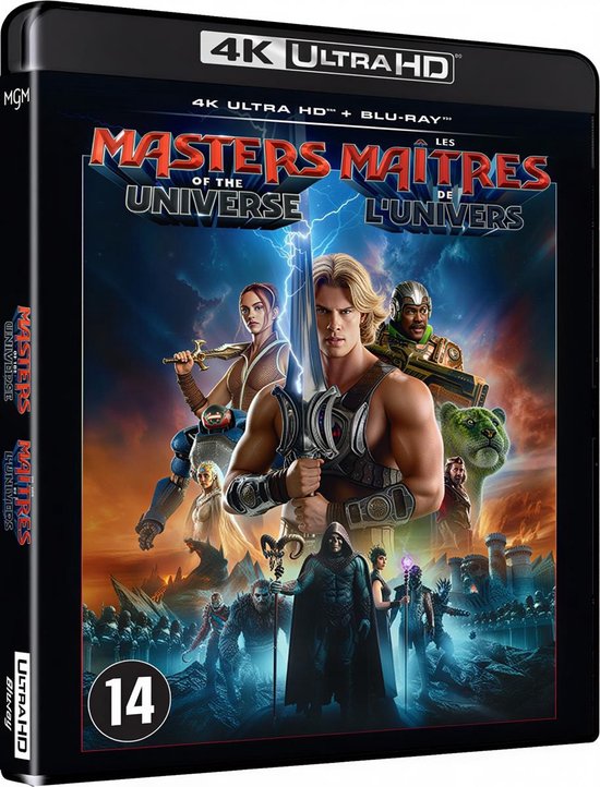 4K Ultra HD Blu-ray hoes van Masters of the Universe met He-Man, Skeletor en andere personages voor een kasteel.