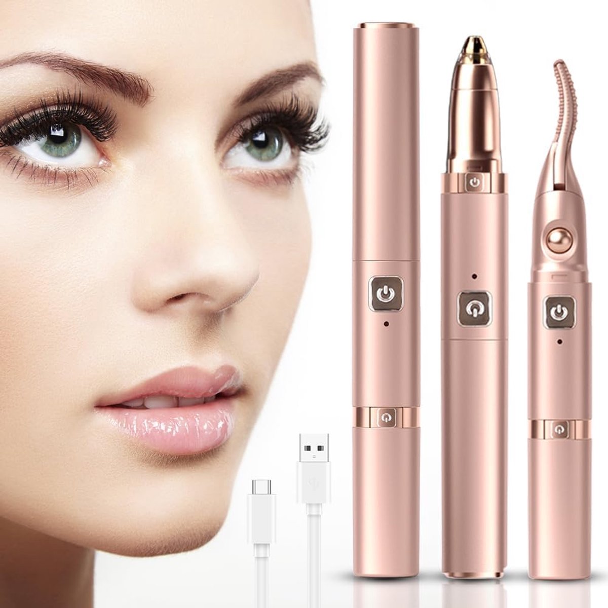SnelShoppen - Elektrische Wimperkruller en Wenkbrauwtrimmer 3-in-1, Verwarmbare Wimperkruller met 2 Temperatuurmodi, Roze, Snel Opwarmend voor Langdur