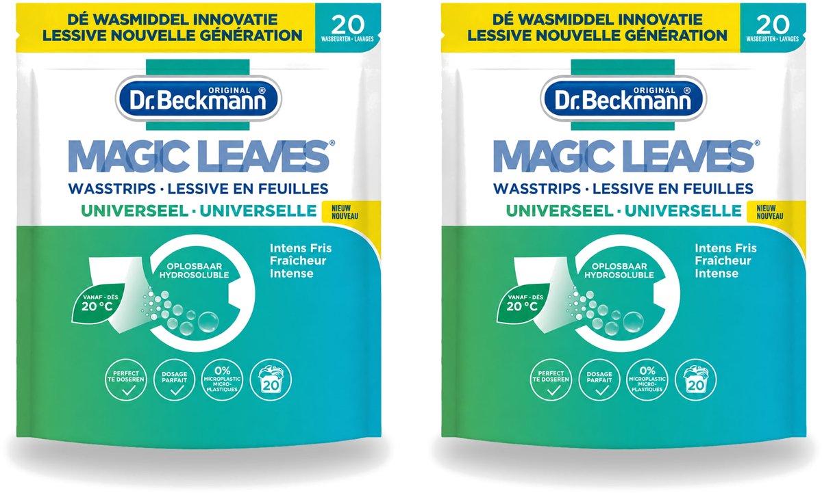 2 x Dr. Beckmann - Magic Leaves Universeel - Wasstrips - Witte en Gekleurde Was - 20 Wasbeurten - Voordeelverpakking - 2 stuks