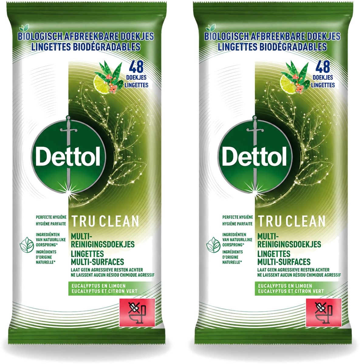 2 x Dettol Tru Clean - Multi-reinigingsdoekjes - Eucalyptus & Limoen - Biologisch Afbreekbaar - 48 Stuks - Bulkverpakking - 2 stuks