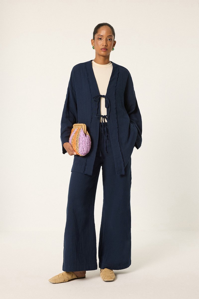Touché Privé - Set van mousseline kimono en broek - Marineblauw - Dames