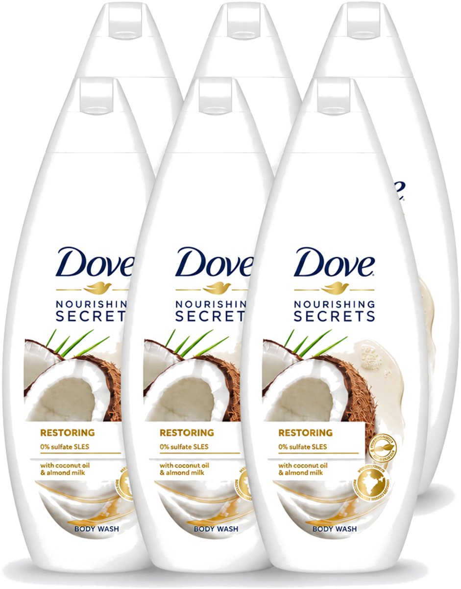 6 x Dove Nourishing Secrets - Douchegel - Kokosolie & Amandel melk - Sulfaatvrij - 250 ml - Voordeelverpakking - 6 stuks