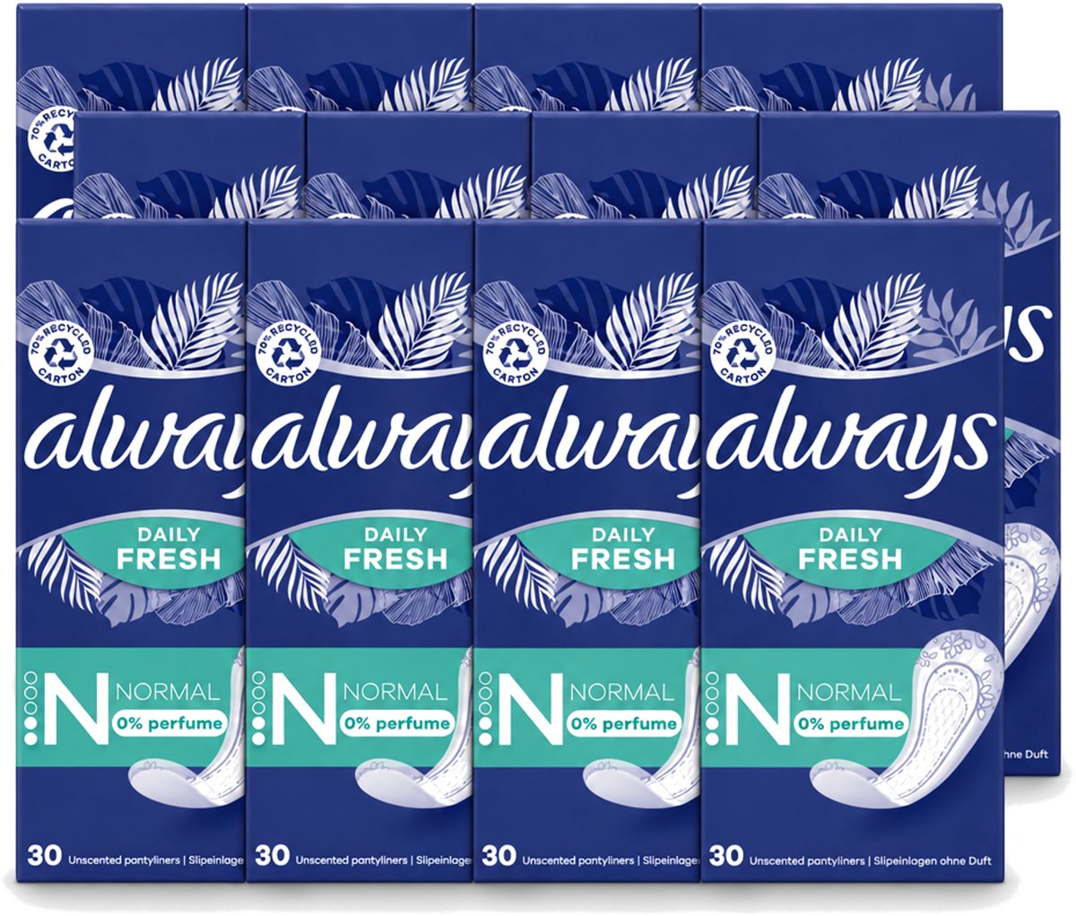 12 x Always Daily Fresh - Inlegkruisjes - Normaal - Ongeparfumeerd - 30 Inlegkruisjes - Voordeelverpakking - 12 stuks