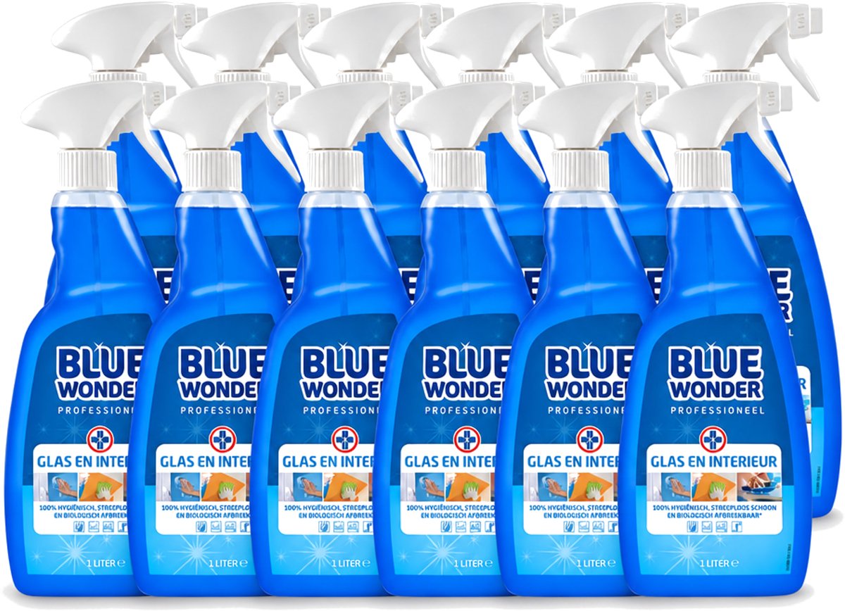 12 x Blue Wonder - Professionele Glas & Interieur Spray - Streeploos Schoon - 1 Liter - Voordeelverpakking - 12 stuks