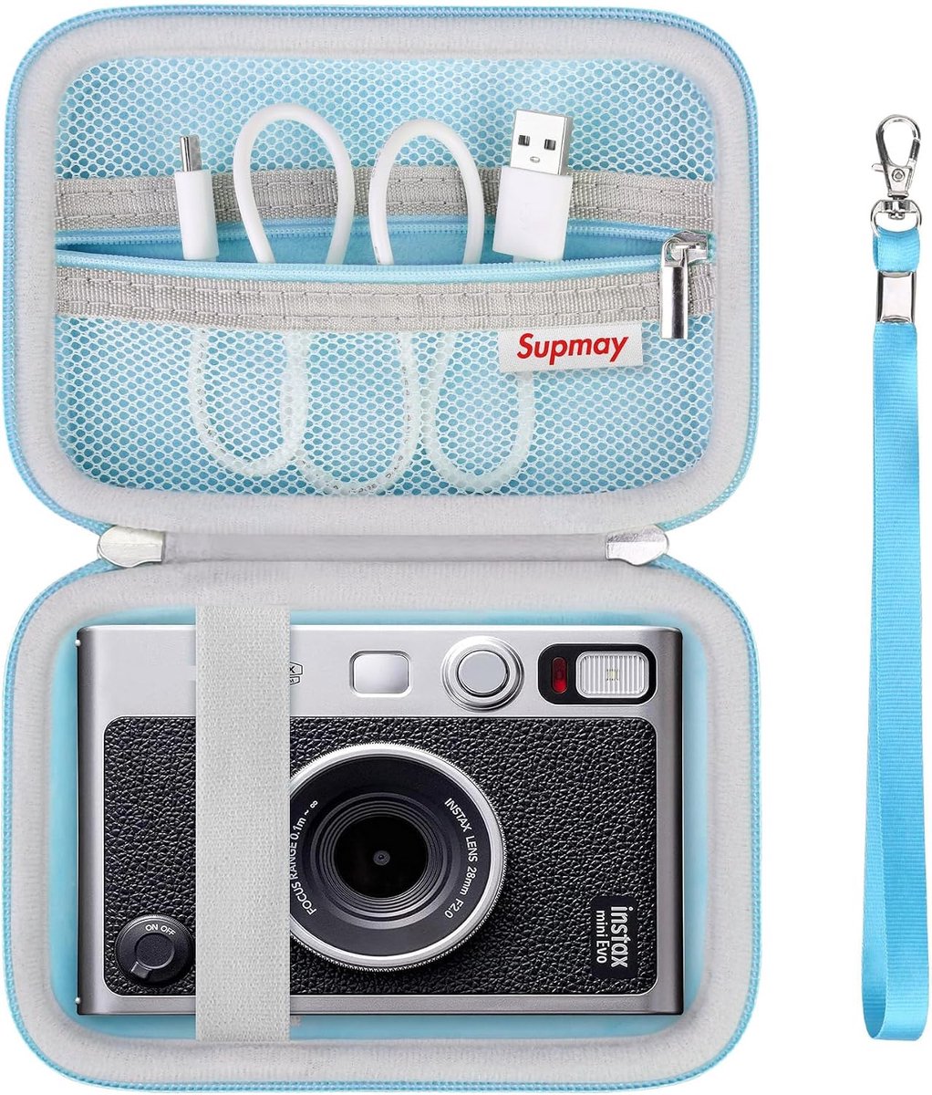 Hardcase voor Fujifilm Mini EVO camera - blauwe EVA opbergtas - met mesh vak voor accessoires - veilig reizen - ShopVlot