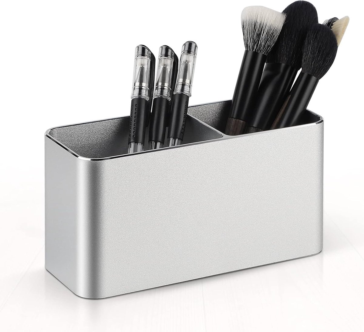 pennenhouder met twee compartimenten - zilver aluminium - stevig en stabiel - perfect voor bureau-organisatie - ShopVlot