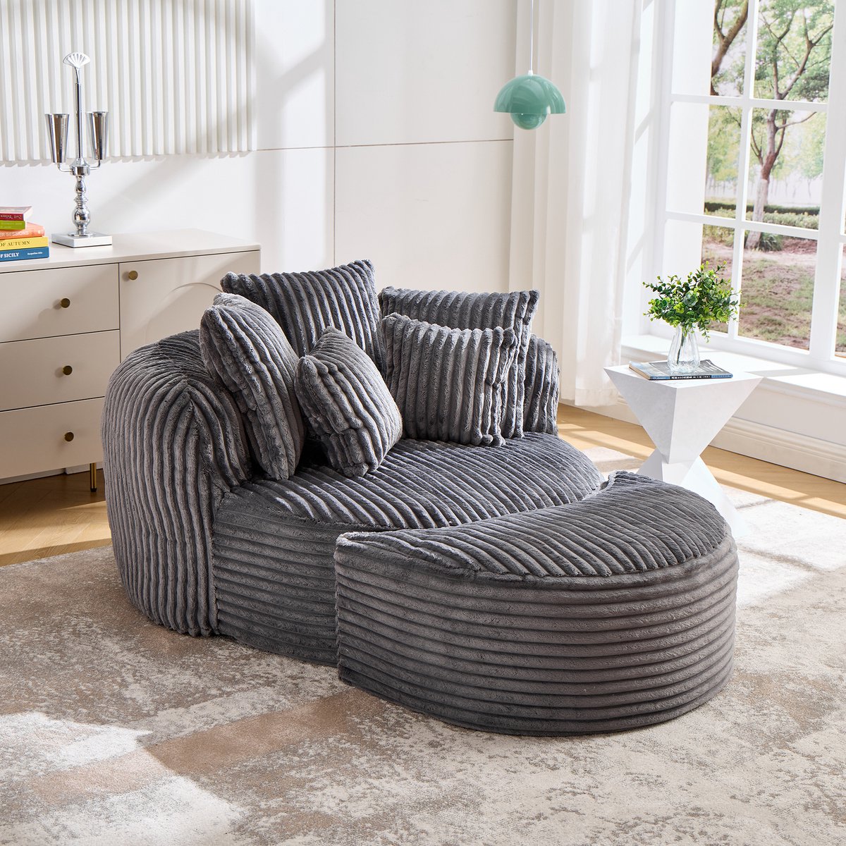 OKWISH Grote Fauteuil 123 x 168 cm - Met Hocker Armleuningen en Vijf Kussens - Voor Woon- en Slaapkamer - Chenille - Donkergrijs